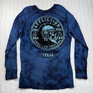 Affliction Reversible Thermal Long Sleeve Shirt Men XL Blue Flocked Indian Chief